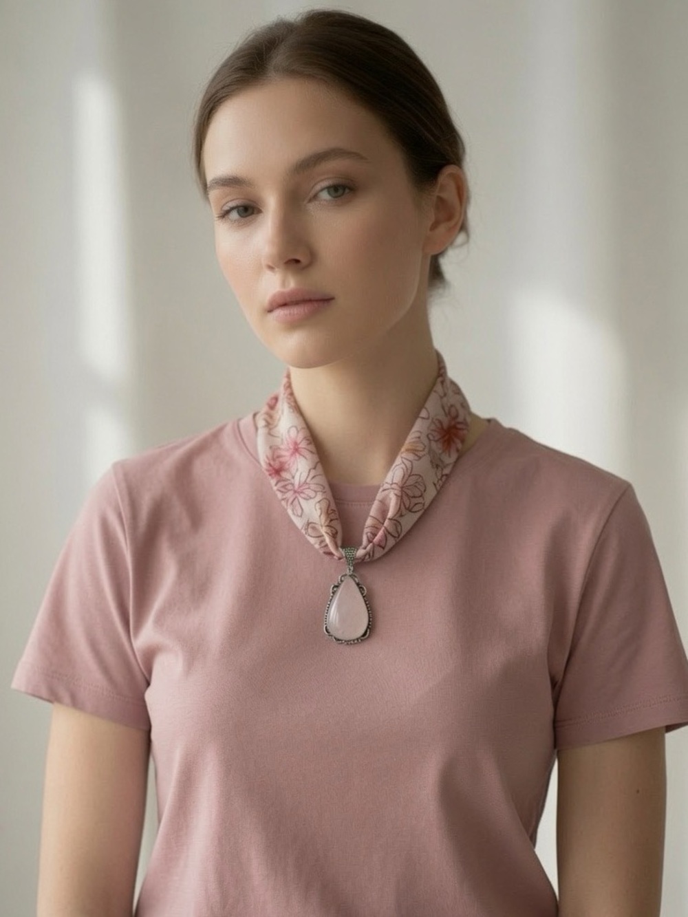 Rose Quartz Pink Floral Scarf Necklace
